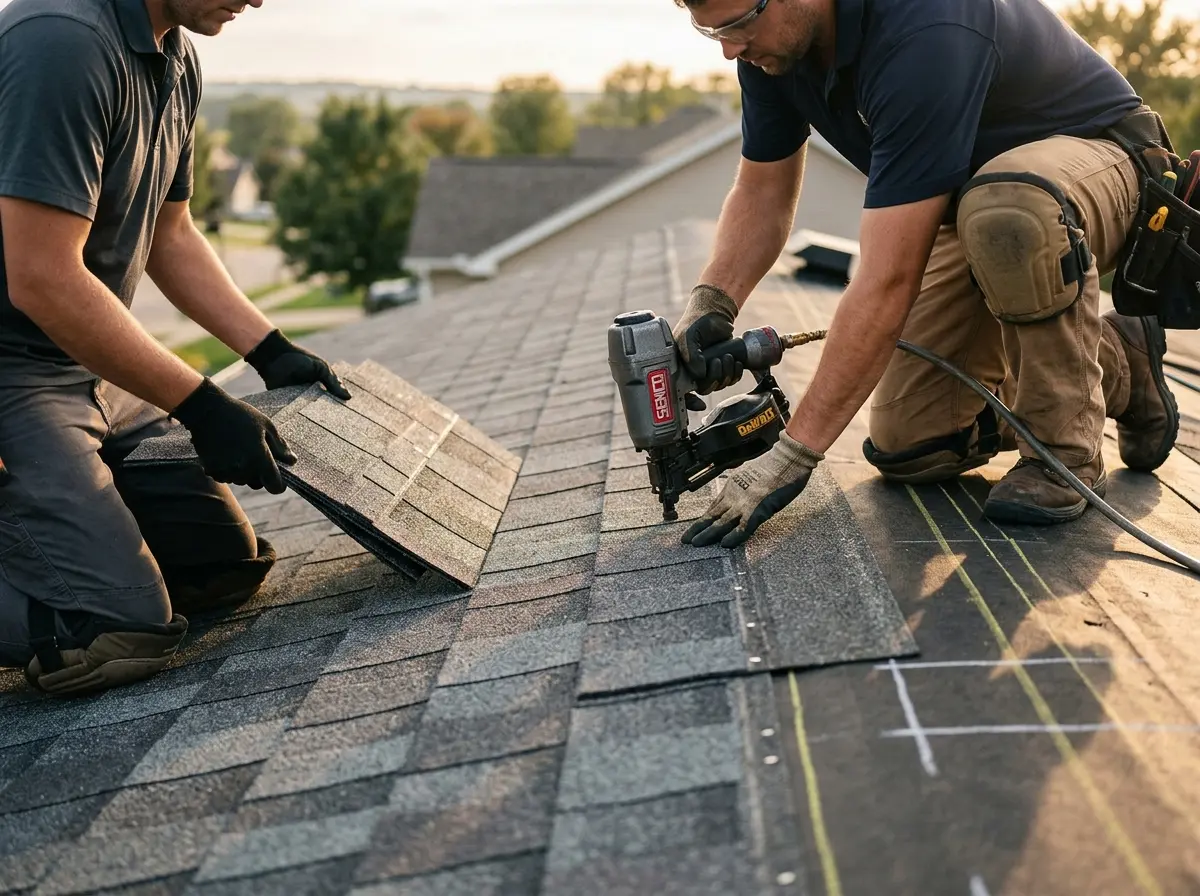 Professional roofer working on a residential roof in New Prague
